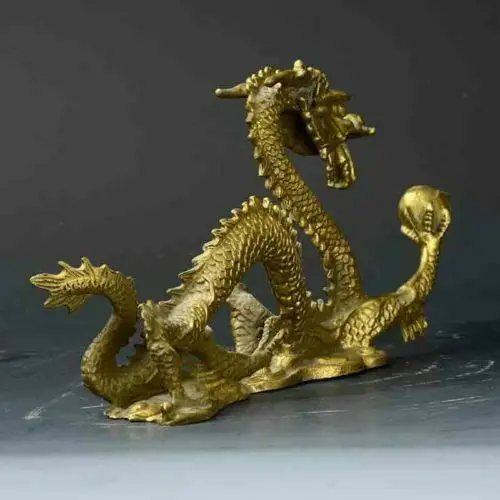 Chinese Lucky Feng Shui Dragon Brass Hand-carved Statue