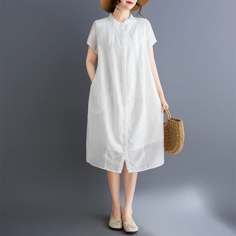 Slimming ort Sve irt Dr European Sle Loose Fit Faionable Age-Defng High-End Feel Thin Material Polyester Cott...