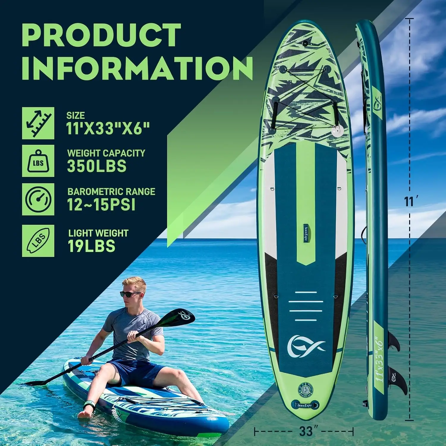 InnoExpo 11' Inflatable Stand Up Paddle Boards with Premium Accessories, Wide Stable SUP Paddle Board Design, Non-Slip Comfort