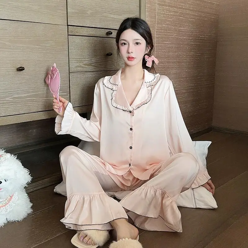 جديد الربيع/الصيف المرأة الحرير الجليد طويلة الأكمام رقيقة بيجامة مجموعة، الراقية الكورية الحلو وأنيقة الفتاة ملابس المنزل نمط جديد #3