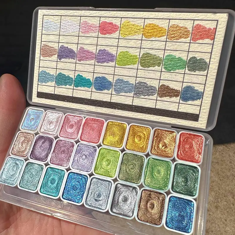 Metallic Pearlescent 24 Colors Solid Watercolor Paint Set with Portable Box for Painting, Writing, Decoration for Adults and Art