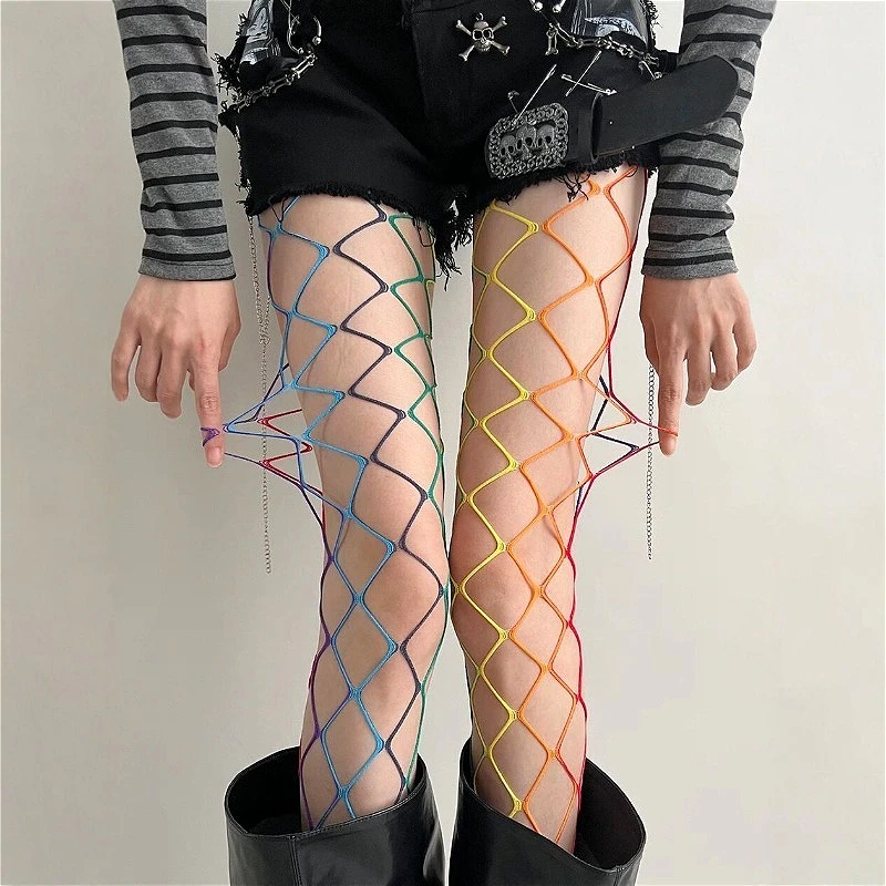 

Hot Sexy Girls Fishnet Stockings Tights Rainbow Y2k Colorful Fishnets Womens Pantyhose Nightclub Stitching Grid Panty Stocking