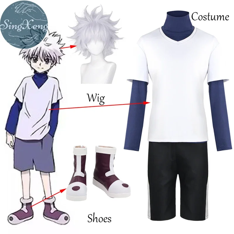 Singxeng anime Killua Zoldyck cosplay costume Halloween Christmas party suit shirt T-shirt custom white wig