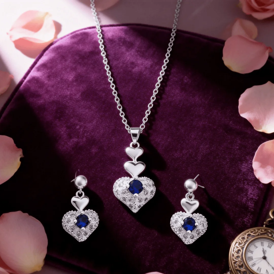 

Fashion kpop 925 sterling silver Woman party wedding Jewelry sets Blue crystal creative heart pendant necklace earrings gifts
