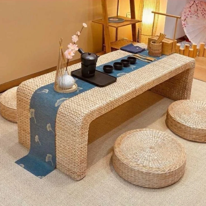 Multi-functional Small Coffee Table with Woven Top and Storage Shelf for Living Room and Bay Window