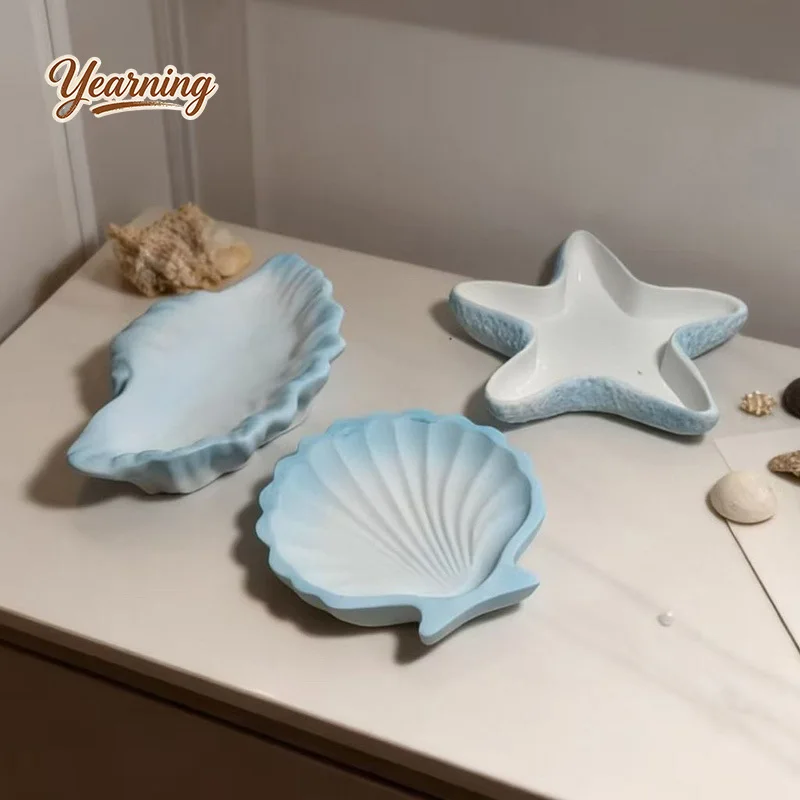 European Style Home Decor With Sea Blue Gypsum Decoration Seashell And Starfish Plates Storage Ornaments