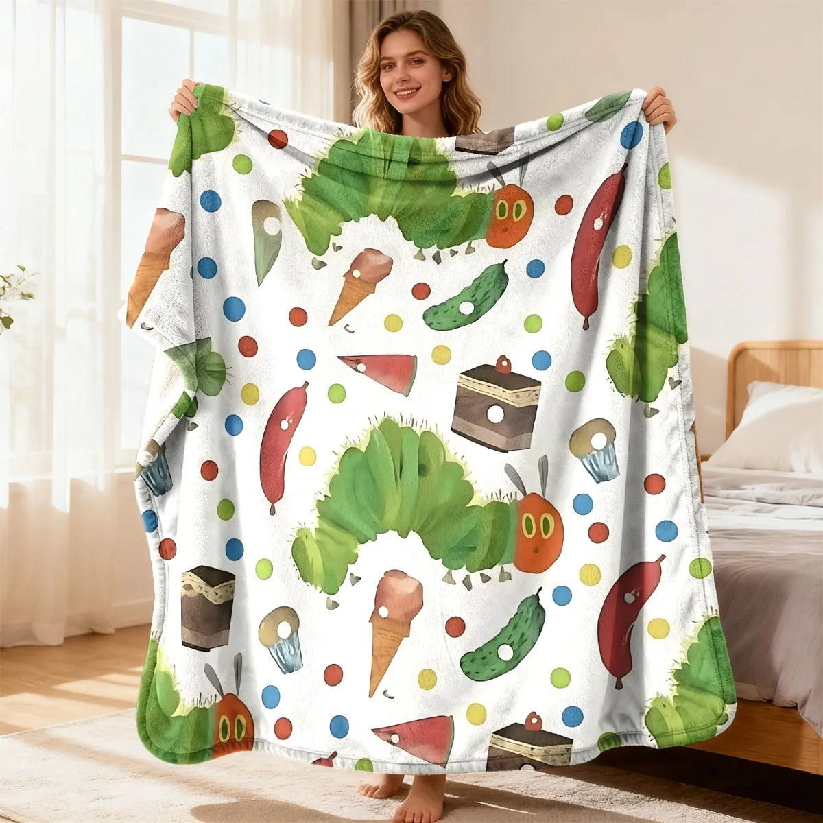 Cute Hungry Caterpillar Fruit Dessert Dotted Warm Flannel Blanket, Cartoon Kids Print for Sofa Bedroom Camping Children Home
