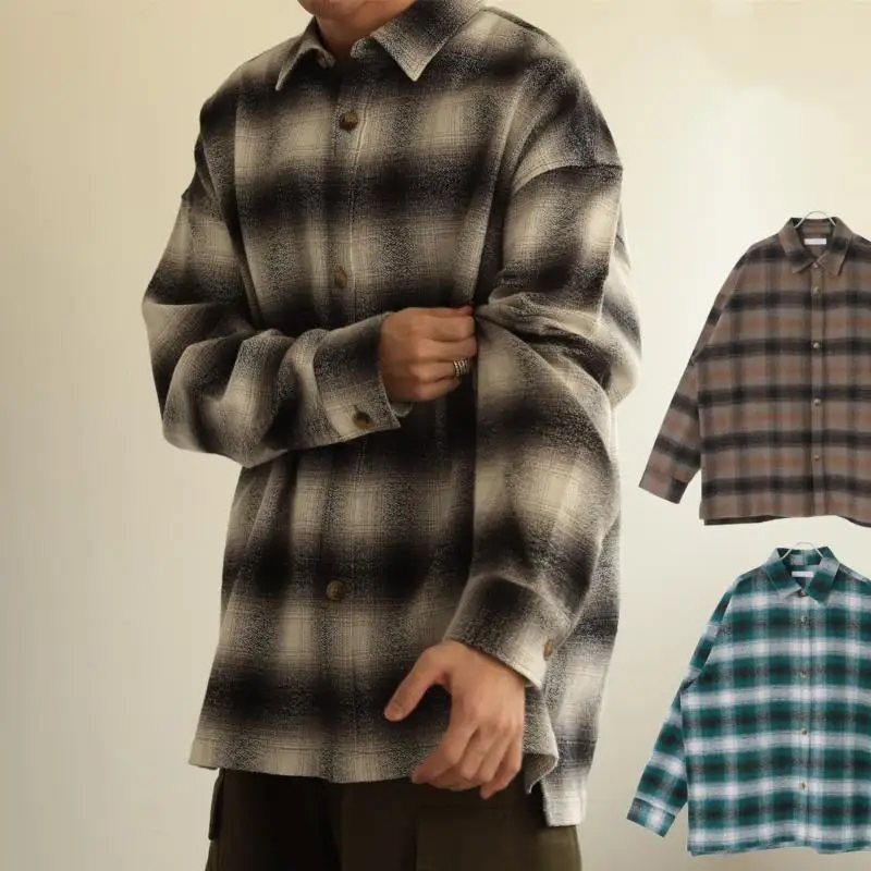 

Retro Oversize Plaid Long Sleeve Flannel Shirt Loose Fit Youthful Style No Pocket Spring Autumn Cotton Polyester Blend
