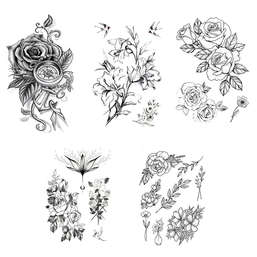

5pcs Waterproof Temporary Tattoos Stickers Rose Flower Patterns Easy Apply Remove Decals Party Christmas Halloween Arm Shoulder