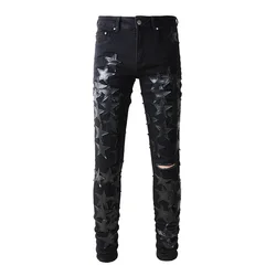 Men's Distressed Streetwear Black Denim Pants Leather Black Stars Patchwork Moustache Holes Ripped Washed Jeans Patches Pants