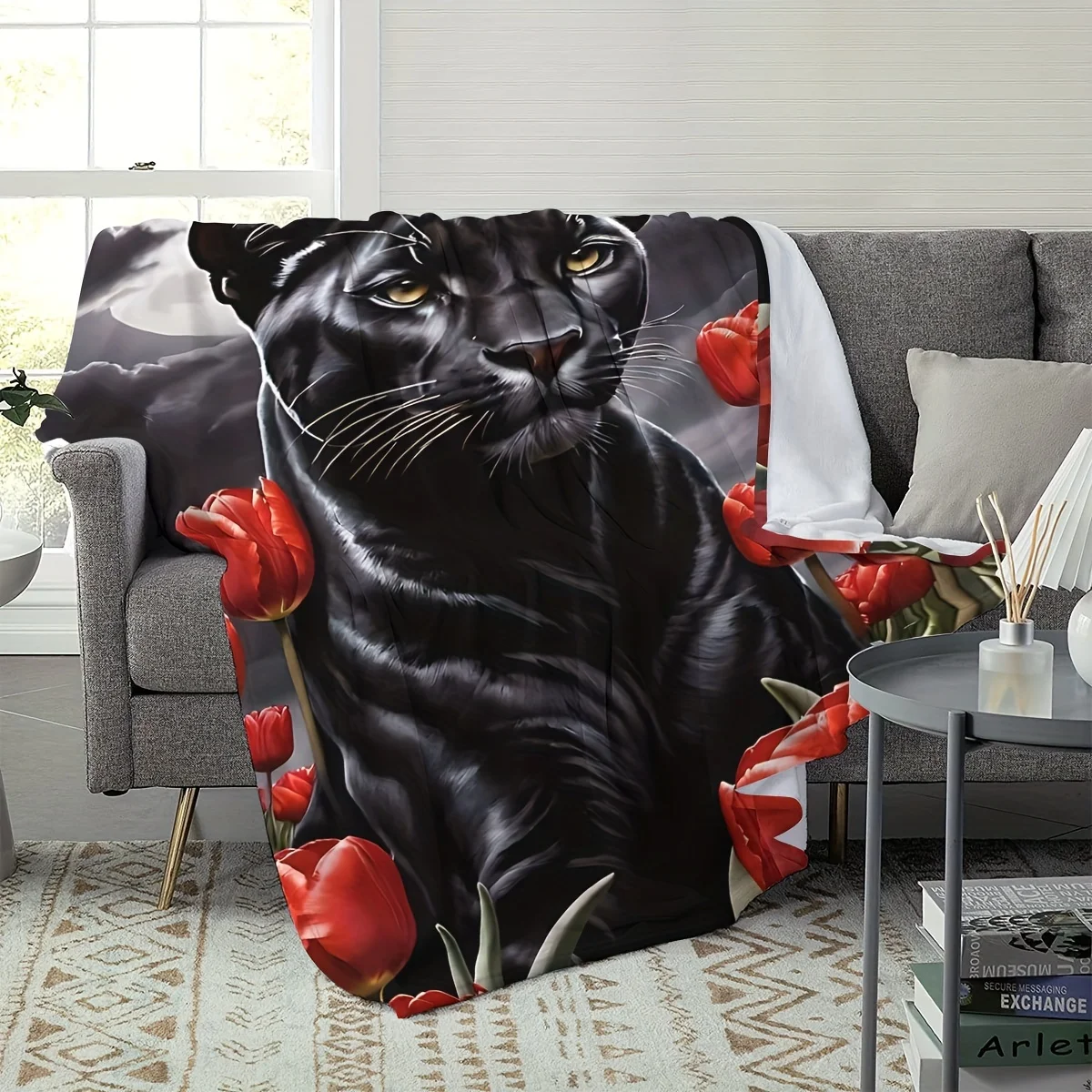 Dramatic Black Panther Floral Tulip Print Cozy Throw Blanket for Sofa Couch Living Room Home Decor Gift Fleece Art Accent