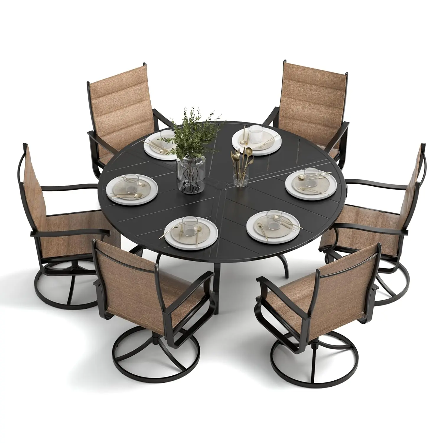 

Комплект для патио из 7 предметов на 6 персон: уличный стол и стулья, 6 всепогодных поворотных стульев с мягкими сиденьями, стол для патио 51 дюйм, индивидуальный заказ