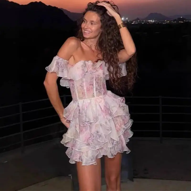 

Women's Elegant Floral Print Halter Sleeveless Mini Dress Tiered Ruffle A-Line Corset Flowy Wedding Cocktail Party Gown