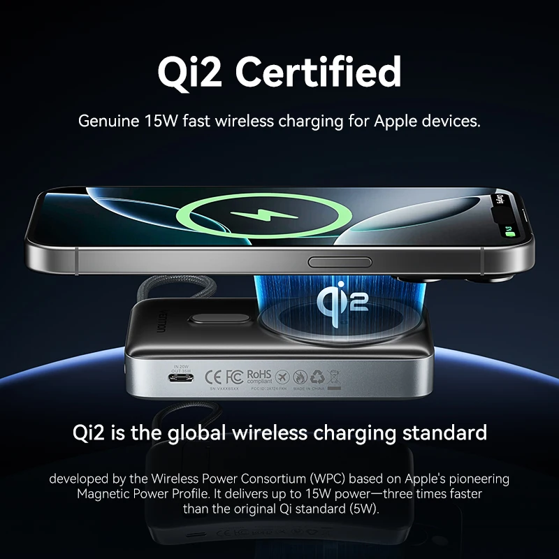 Vention Qi2 Magnetic Power Bank with Built-in USB-C Cable and MagSafe Support 3