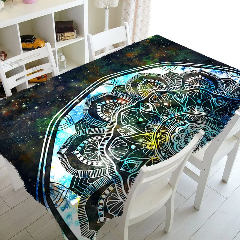 Psychedelic Mandala Stain Resistant Tablecloth Mandala Pattern Rectangular Table Mat Kitchen Holiday Party Decor Tablecloth