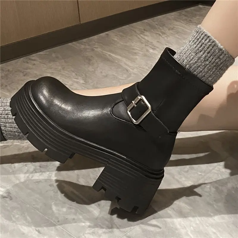 MORAZORA Plus Size 34-41 New Genuine Leather Ankle Boots Women Buckle Round Toe Square High Heels Autumn Winter Motorcycle Boots