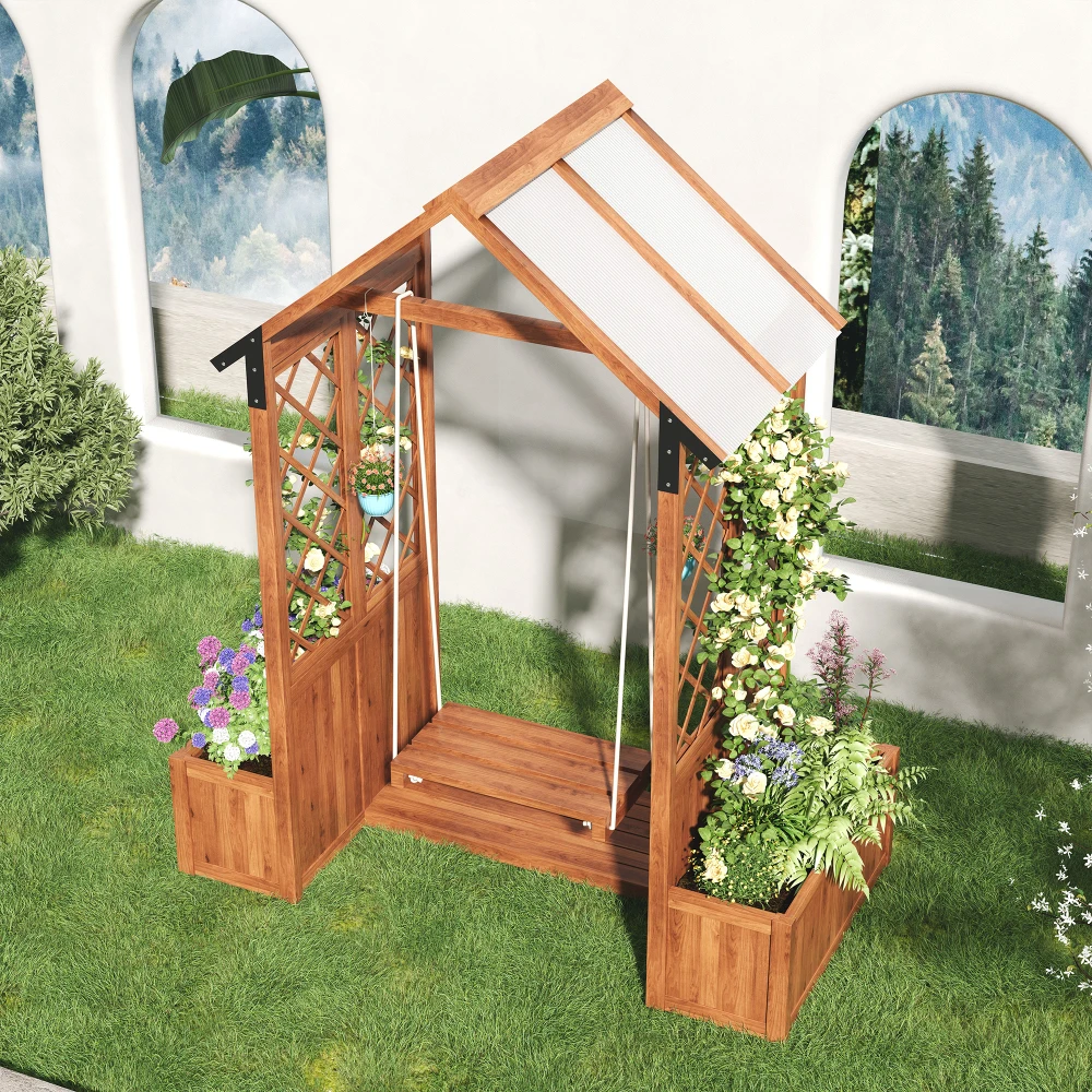 PINGGO Pflanzentopf-Schaukel für den Außenbereich mit Rankhilfe und Polycarbonat-Sonnenschutz, braunes laminiertes Holz für Terrasse und Rasen – Detail 6