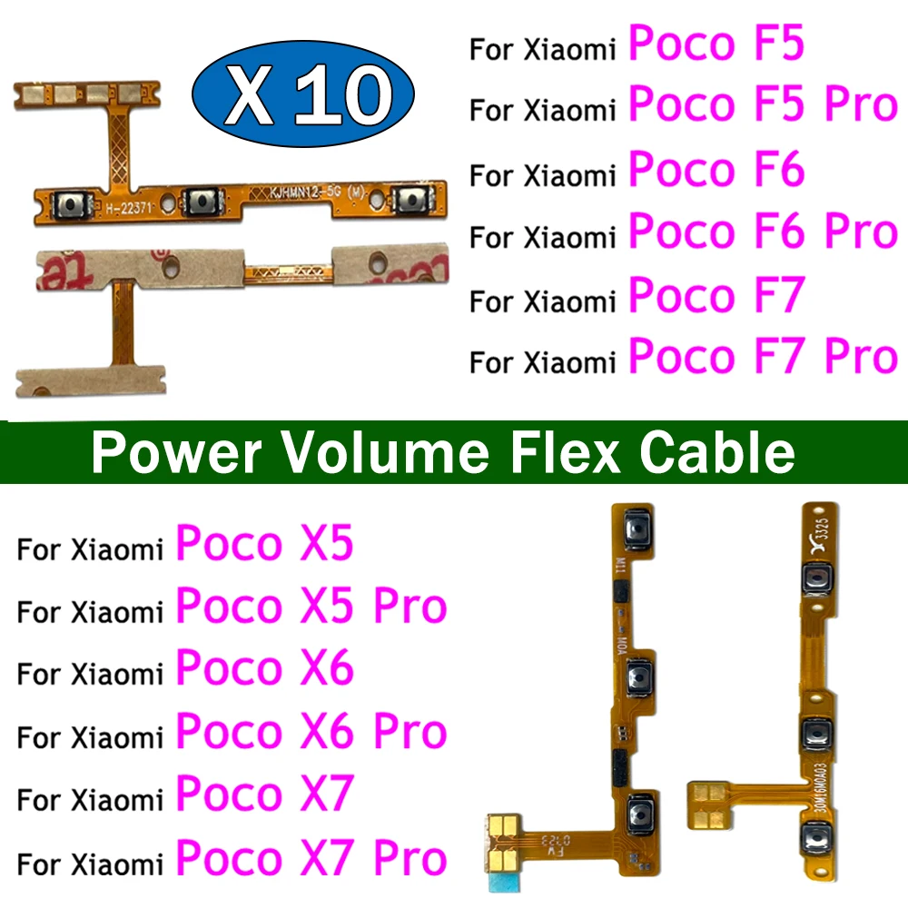 10Pcs，Power On Off Volume Side Button Key Flex Cable For Xiaomi Poco F5 F6 F7 X5 X6 X7 Pro 4G 5G