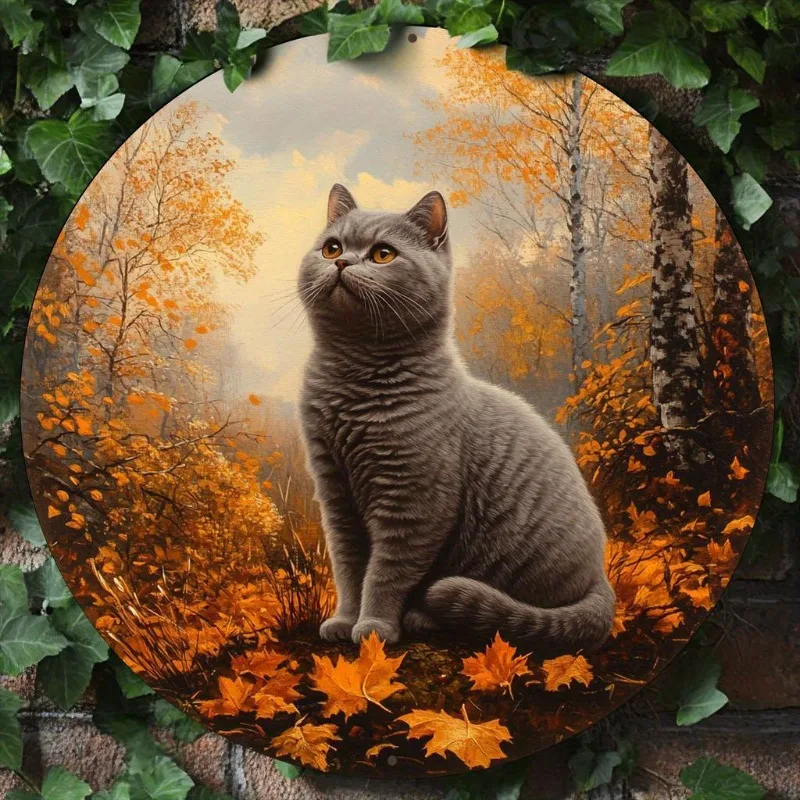 

Aluminum Metal Sign, Cute British Shorthair Cat Design, Round Wreath for Home Office Wedding Decor, Thanksgiving Christmas Gift