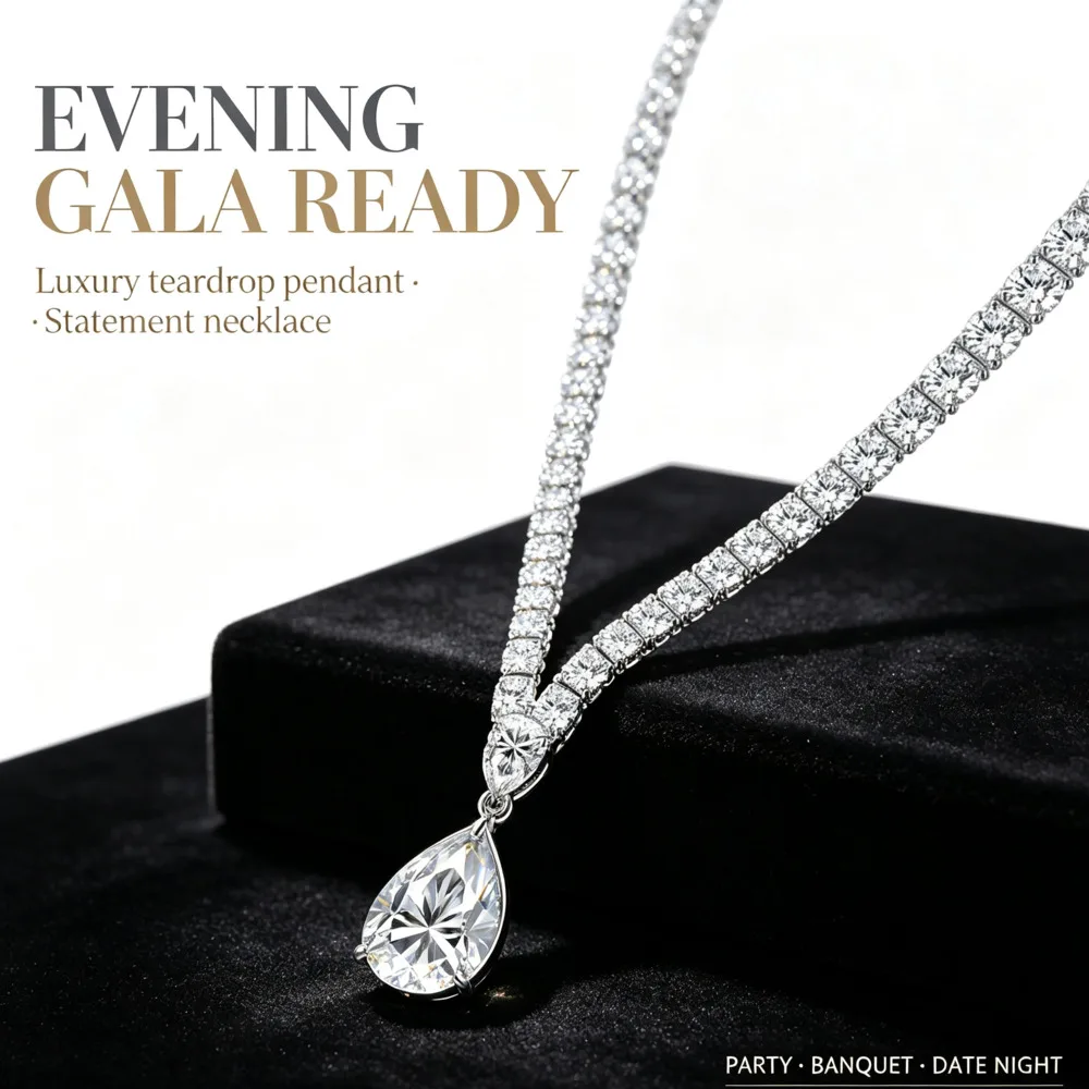 JH Real Pear Shape Moissanite Drop Tennis Necklace For Women Top Quality 925 Sterling Silver Wedding Bridal Party Fine Jewelry