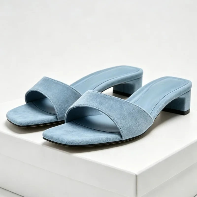 

Suede Summer Kitten Heel Slippers Women Square-Toe Fashion Mules Comfortable Low Heel Slides Brand Elegant Heeled Sandals Women