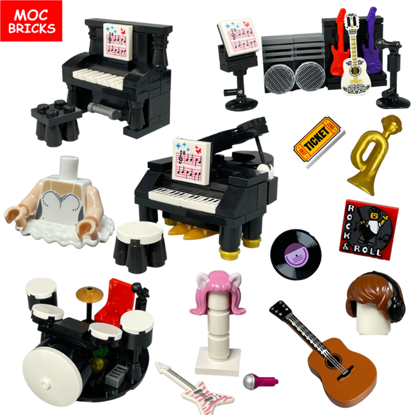 Bloques MOC Suona cuerno partitura musical cantante saxofón bajo figura instrumentos musicales bloques de construcción educativos juguetes para niños y niñas