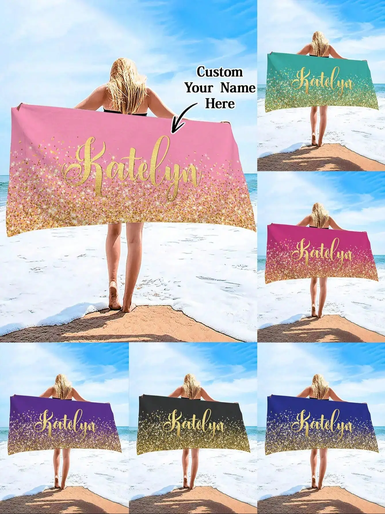 Personalisiertes Strandtuch mit Namen, personalisiertes, super saugfähiges Badetuch, leichtes und kompaktes Poolhandtuch, Sommer-Meer-Großhandel – Detail 1