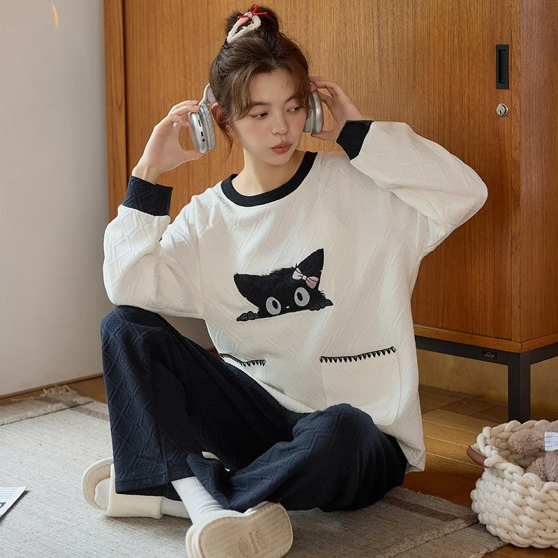 

Pajama Sets Korean Women Spring Microfiber Leopard Print Sleepwear Contrast Piping Loungewear Drawstring Waist Cap Sleeve Knee