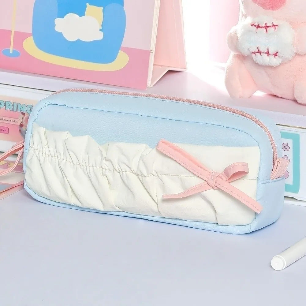 Ruffle Pen Bag Bow Cloud Stationery Bag Bowknot Desktop Storage Korean Cloud Pencil Case with Lanyard Aesthetic Pencil Pouch