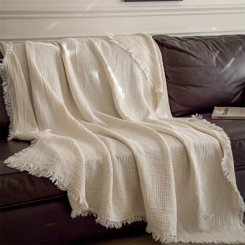 Y Home-Manta de punto grueso con decoración de borlas para sofá, mantas de gasa de seis capas de algodón 100% de lujo, Color sólido, transpirable, para siesta Bl