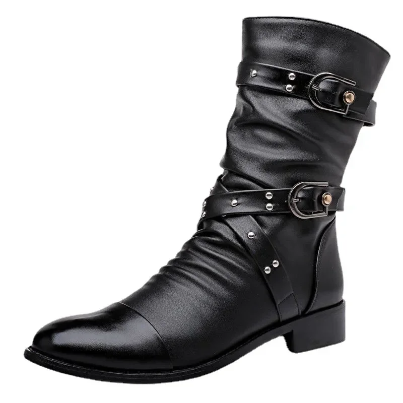 

Men's Leather High Quality Mid Tube Boots Fashion Classic Autumn Winter Black Punk Rock Shoes Casual Men Womens Plus Size 38--48