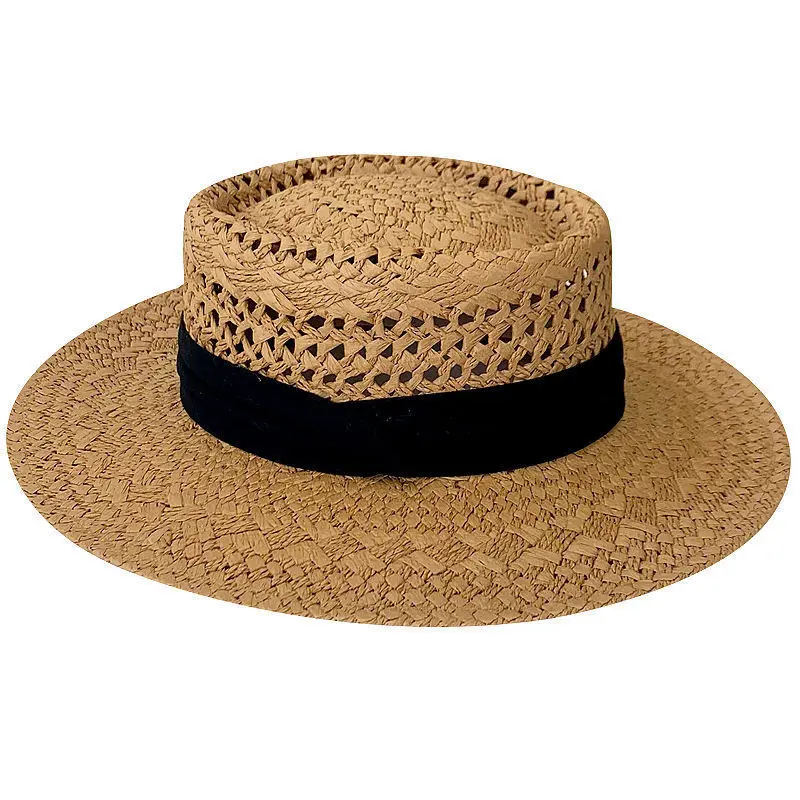Old Money Hollow Flat Top Straw Hat , French Retro Summer Beach Vacation Sun Protection Wide Brim Fedora, Breathable Resort Cap