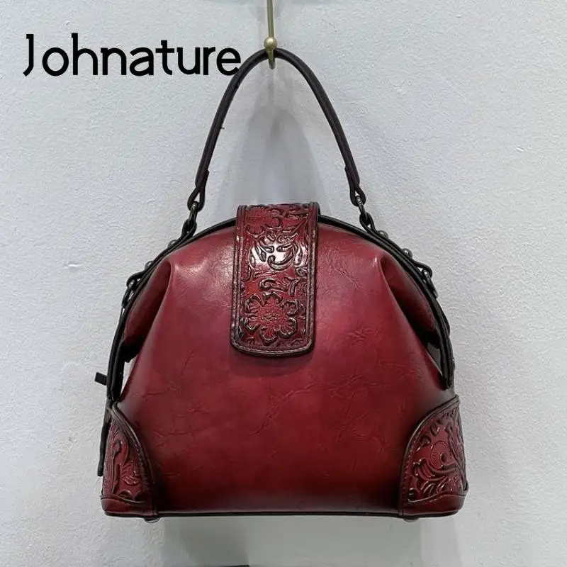 Johnature Retro Embossed Women Leather Bag 2024 New Versatile Leisure Handbag Large Capacity Shoulder & Crossbody Bags