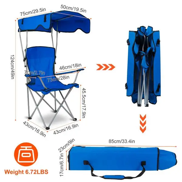 

Foldable Beach Canopy Chair Sun Protection Camping Lawn Canopy Chair 330LBS Load Folding Seat w/ Cup Holder For Beach Poolside T
