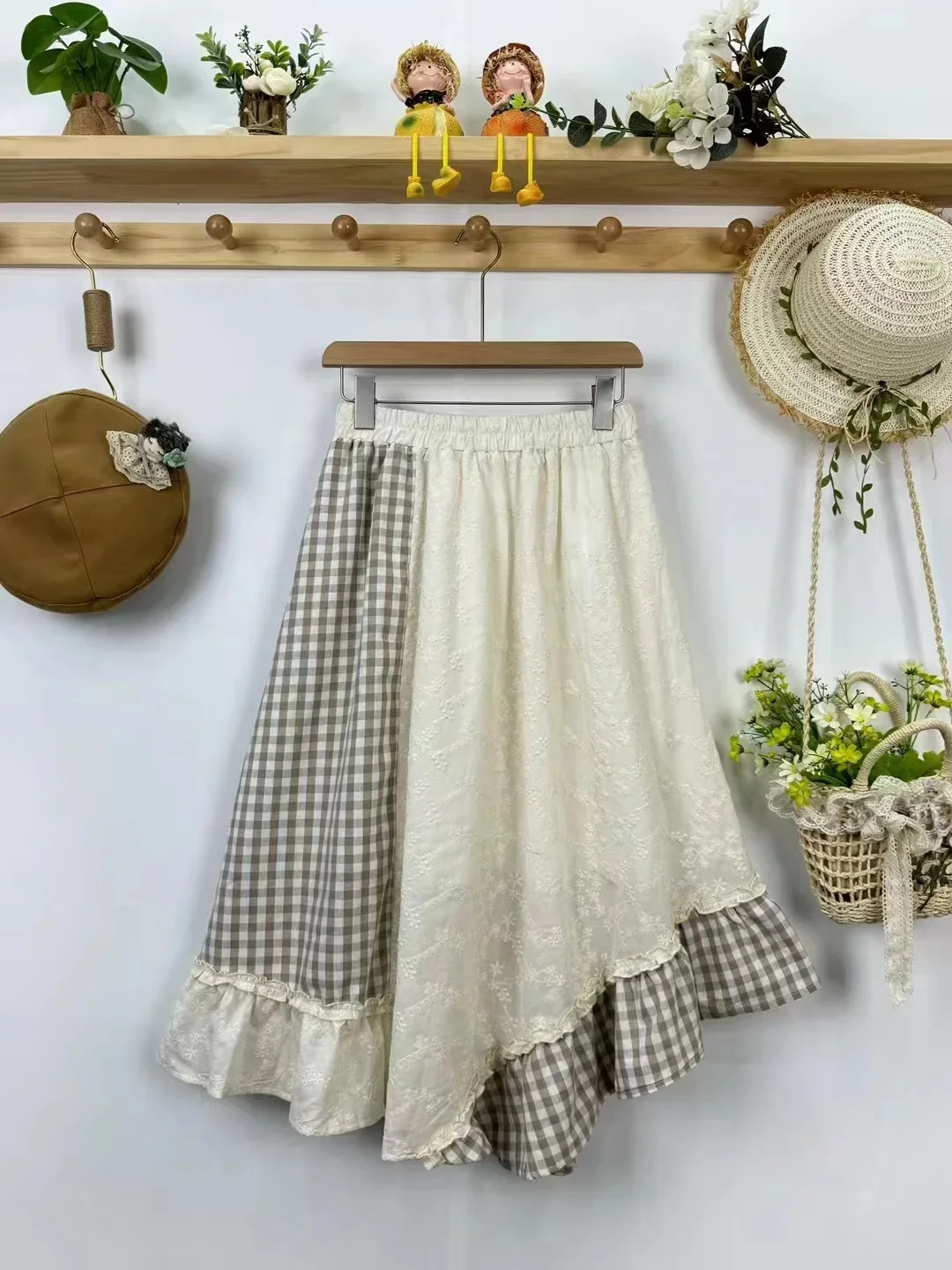 Vintage Plaid Patchwork Pleated Long Skirt Women Korean Preppy Style High Waist Retro Kawaii Skirts Elegant A-Line Tunic Skirts