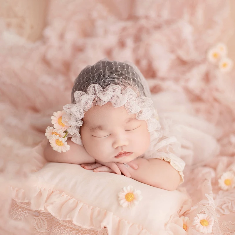 Newborn Photography Outfit Baby Girl Princess Lace Puffy Dress Daisies Flowers Pose Photo Props Studio Shooting Accessories