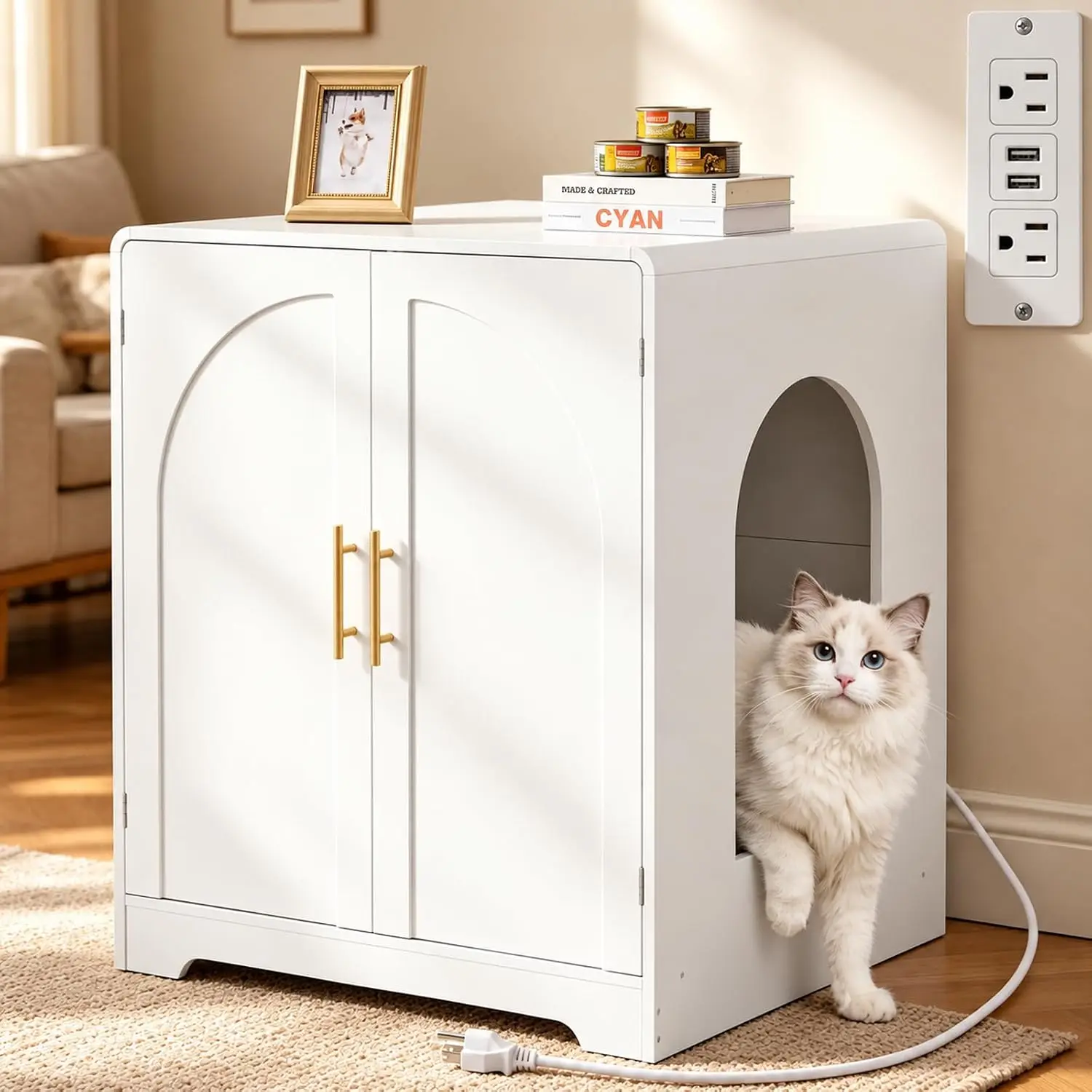Tall Cat Litter Box Cabinet Enclosure, White