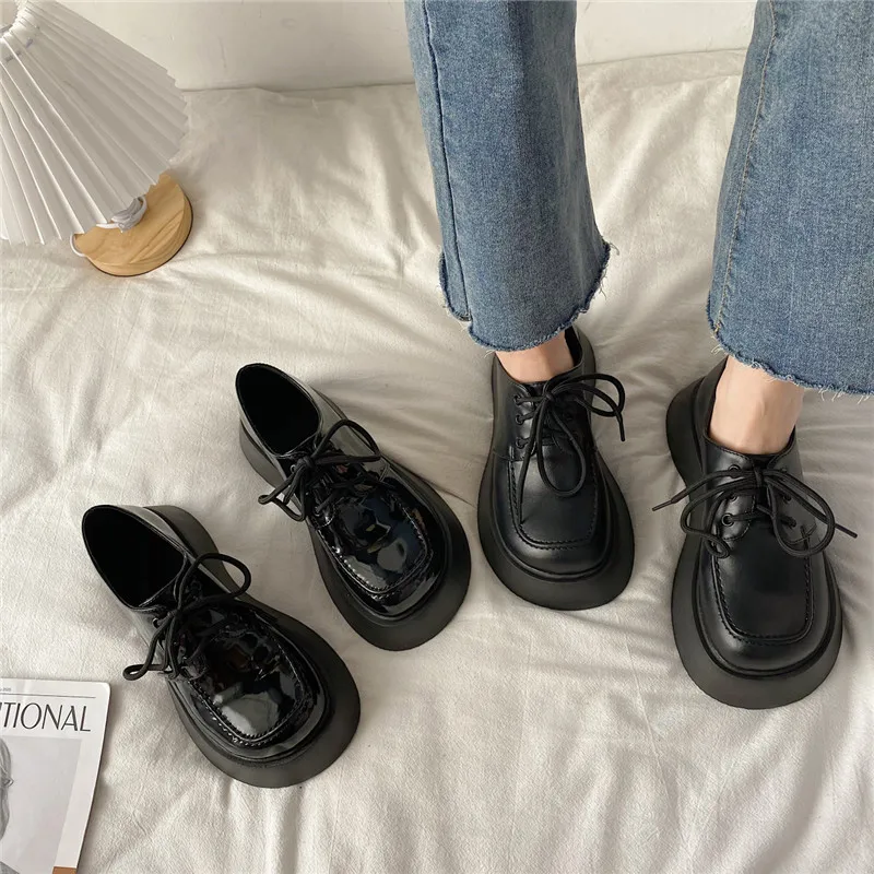 Womens Derby Shoes Female Footwear Clogs Platform British Style Leather Dress Creepers New Preppy Summer Retro Rubber PU Spring