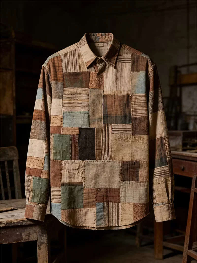

New retro distressed patchwork 3D printed men's long sleeved shirt with antique style patchwork casual shirt