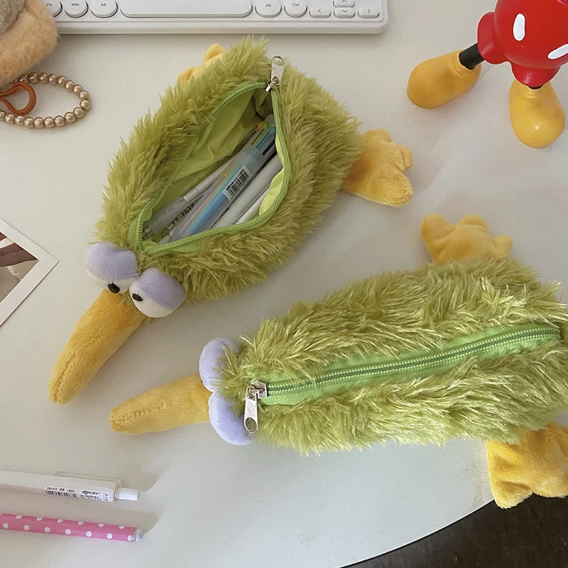 Kawaii Groene Vogel Pluche Etui Etui Rits Pluizige Grote Capaciteit Kiwi Potlood Tas School Briefpapier Opbergtas Benodigdheden