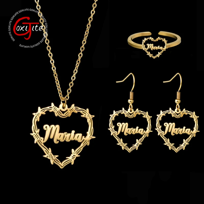 Goxijite Customized Name Jewelry Set For Women Girls Stainless Steel Personalized Names Love Thorn Earrings Party Creative Gift