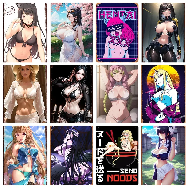 

Cute Anime Girl Metal Poster Sexy Bikini Sleeve Tin Sign Wall Art Decor Plaque for Home Bar Club Bedroom Bathroom Man Cave Otaku