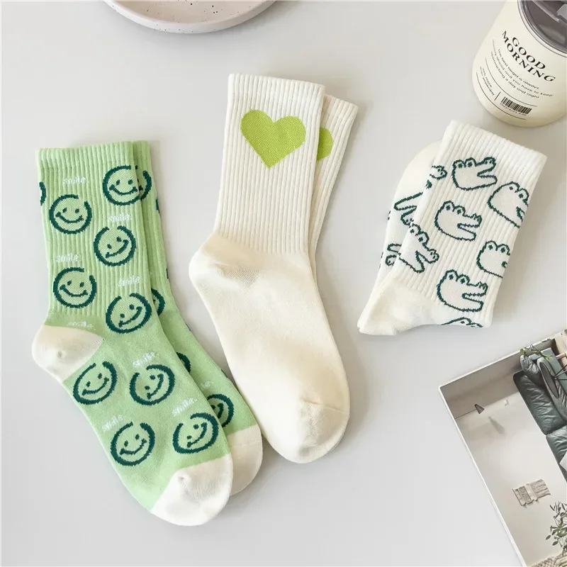 Happy Face Crew Socks Cartoon Cat Breathable Cotton Mid Tube Socks Hosiery Green Smiling Face Crocodile Socks