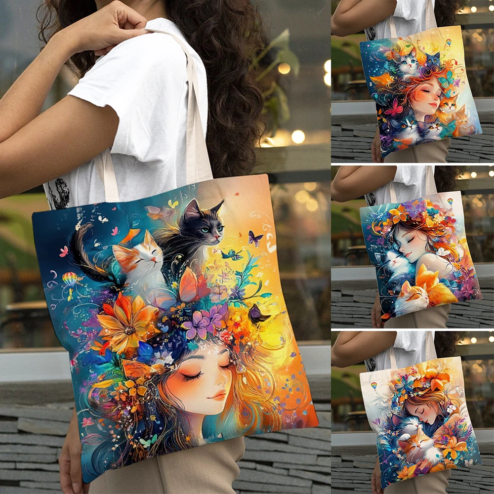 

Casual Flower Girl and Cute Cat Shopping Bag Big Capacity Eco Cartoon Women Shopper Bags Double Print Lady Tote Shoulder Handbag