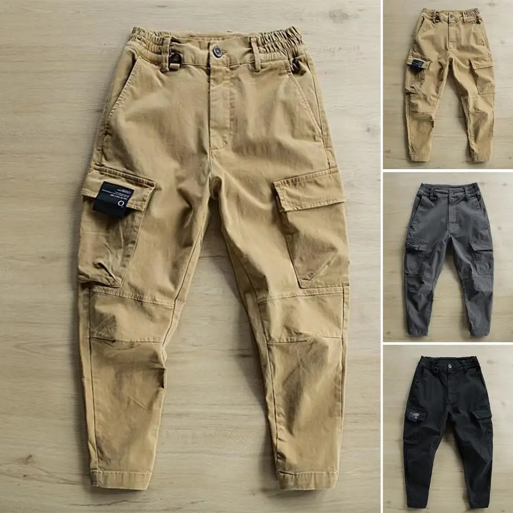 Casual Man Pants  Slim Fit Skin-Touch Cargo Pants  Solid Color Mid-Waist Male Sweatpants