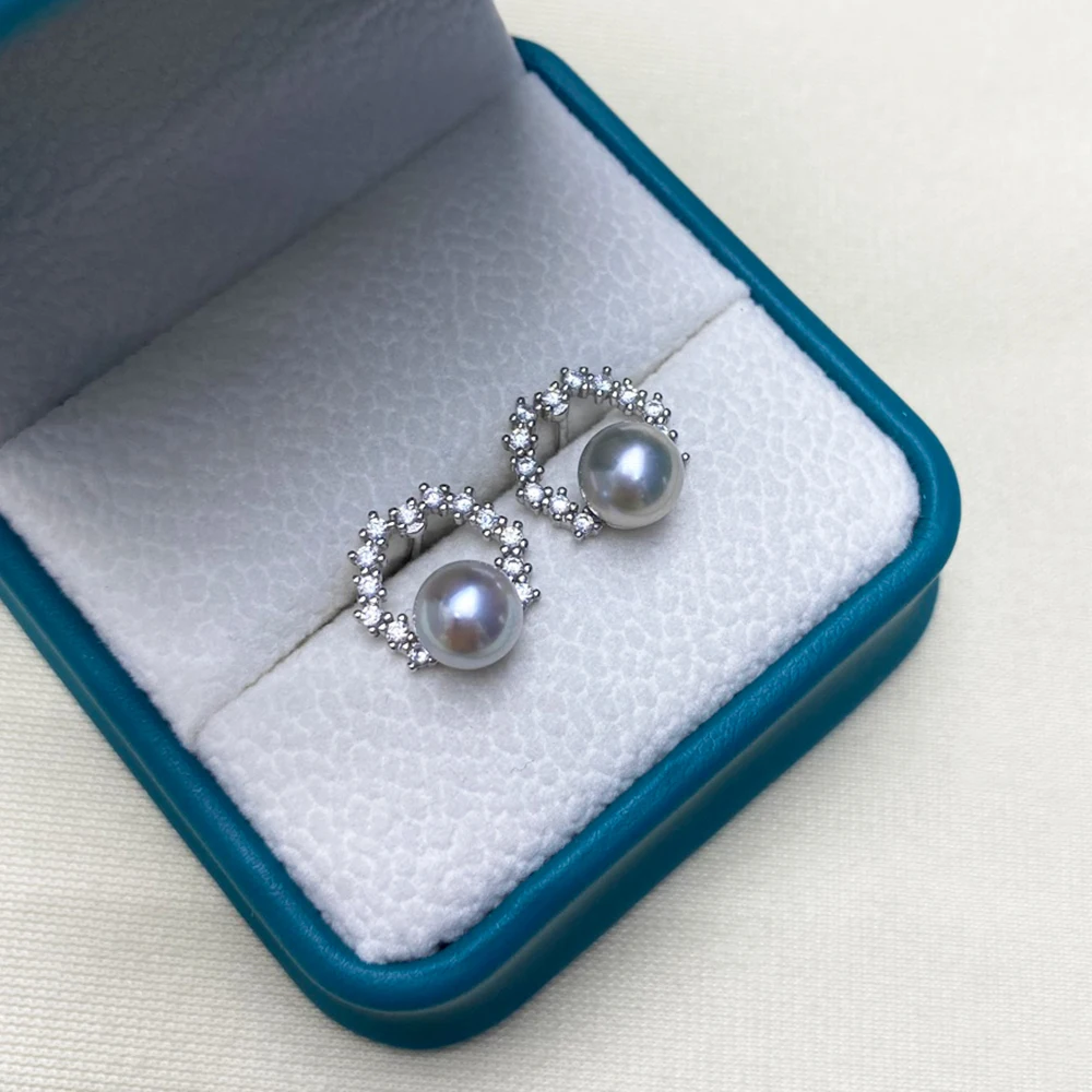 Simple Fashion 6-7mm Silver Blue Genuine Seawater AKOYA Pearl Garland Stud Earrings Delicate 925 Silver Flower Earring for Women