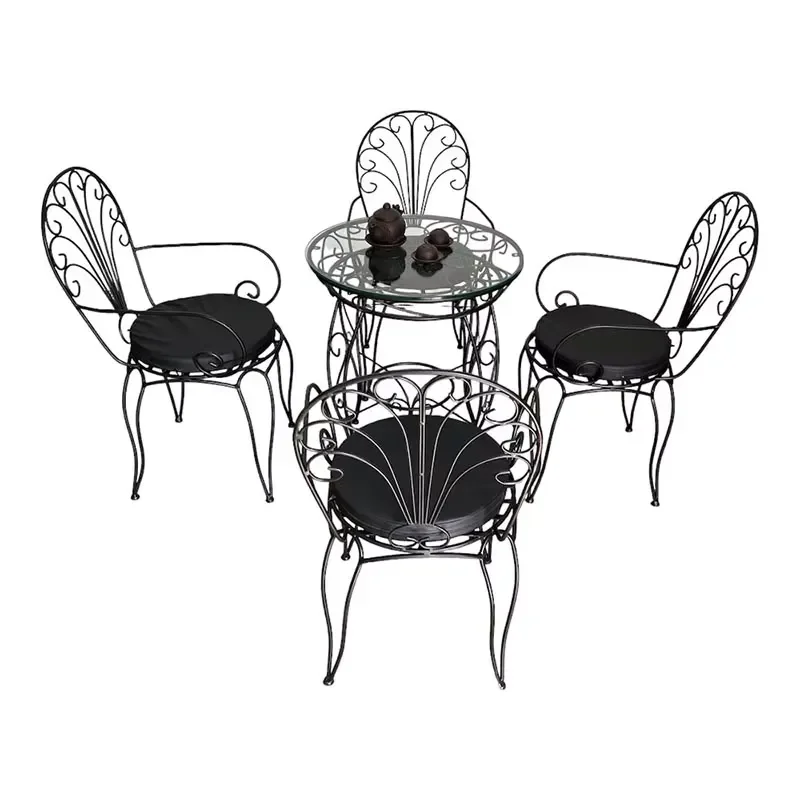 Traditional Modern Outdoor Dining Table and 4 Chair Set Iron Frame Wrought Iron Pattern Weather Resistant Durable Garden