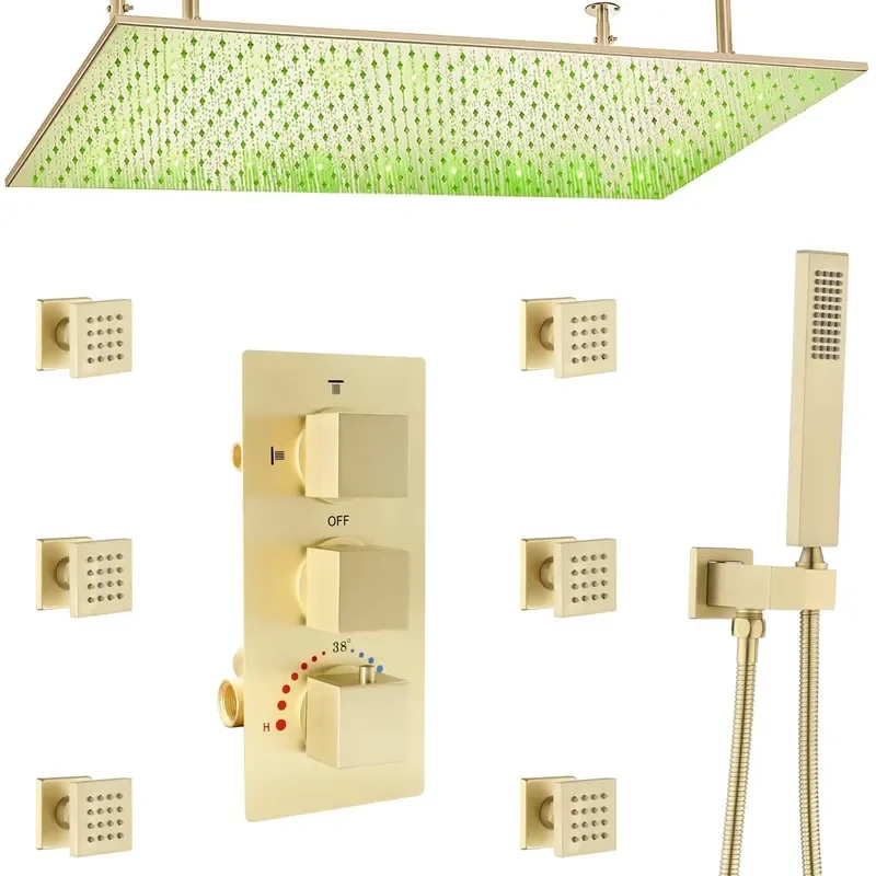Brushed Nickle Modern Bathroom Shower System Thermostatic Shower Faucet Set Ceiling Rain Shower