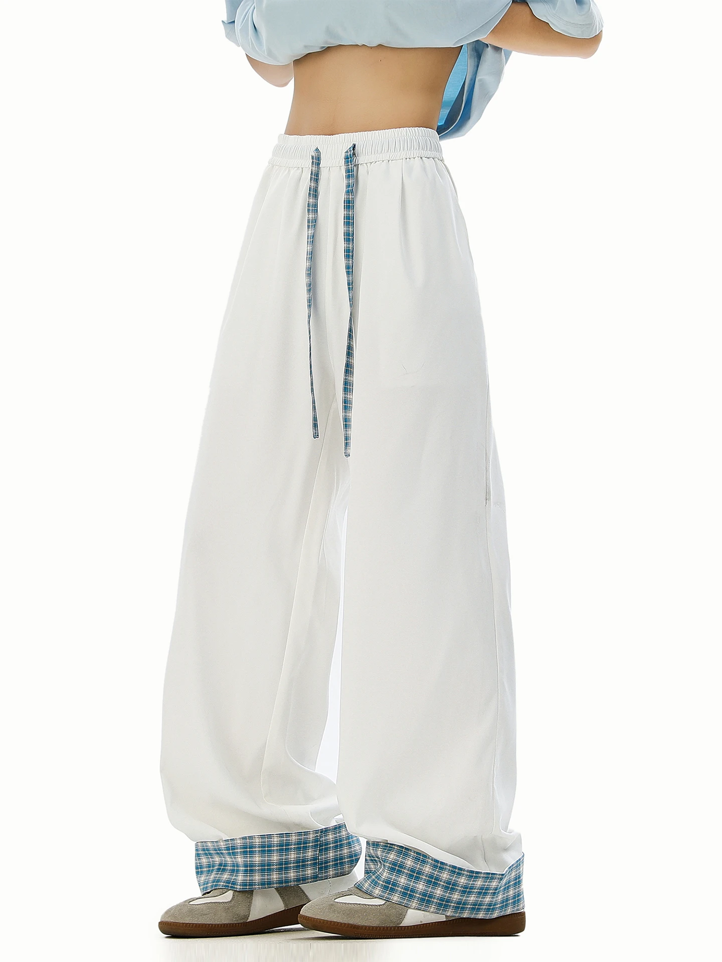 

Retro American Plaid Splicing Casual Pants Men Women Loose Wide Leg Long Trousers Autumn New Sle Faionable All-Match