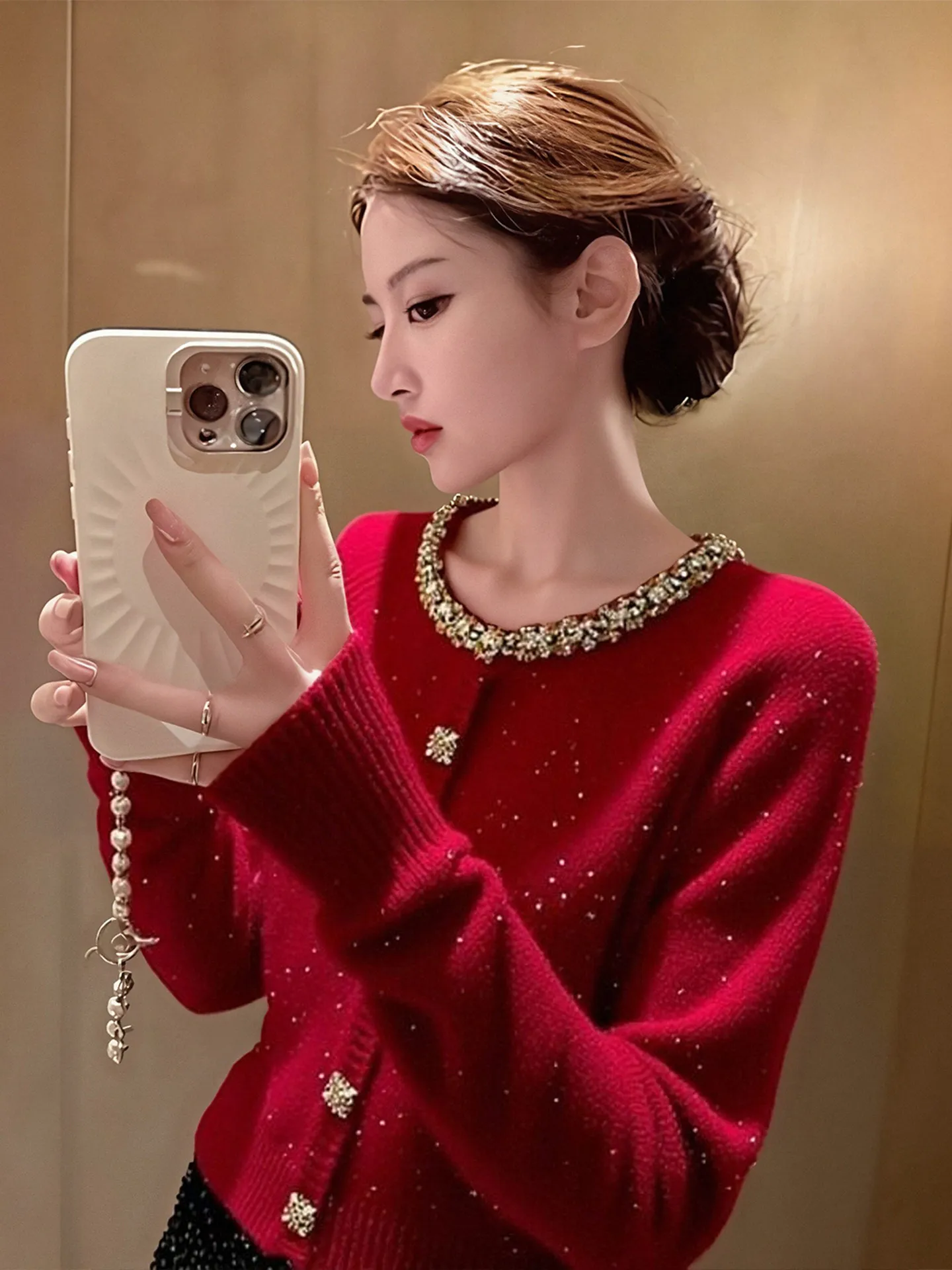 

Новогодний красный вязаный кардиган-свитер для женщин, зимний, больших размеров, элегантный, высококачественный, с богатой отделкой, повседневный, свободного кроя